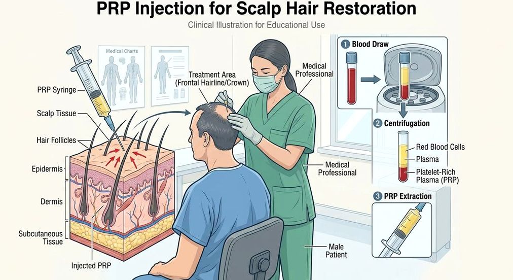 Illustration of a PRP injection for scalp hair restoration — blood draw, centrifugation, and injection into follicles